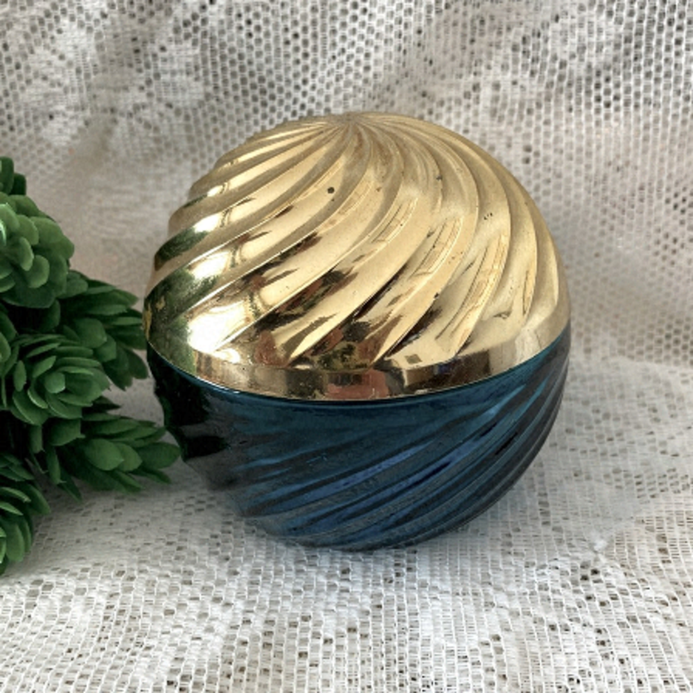 Avon Sapphire Swirl Cream Jar, 1973-1974, Empty,Blue Glass, Gold Top, Vintage